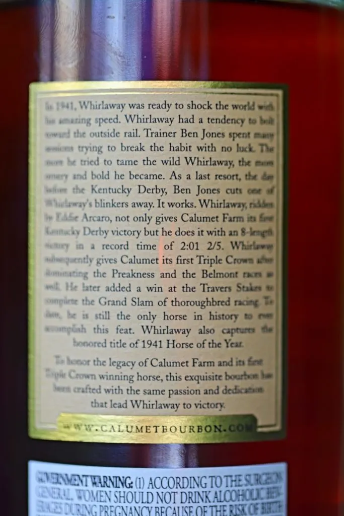 Calumet Farm 15 Year Bourbon Back Label