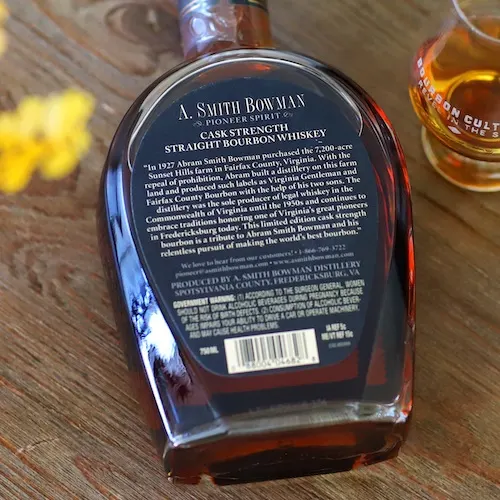 A Smith Bowman Cask Strength rear label